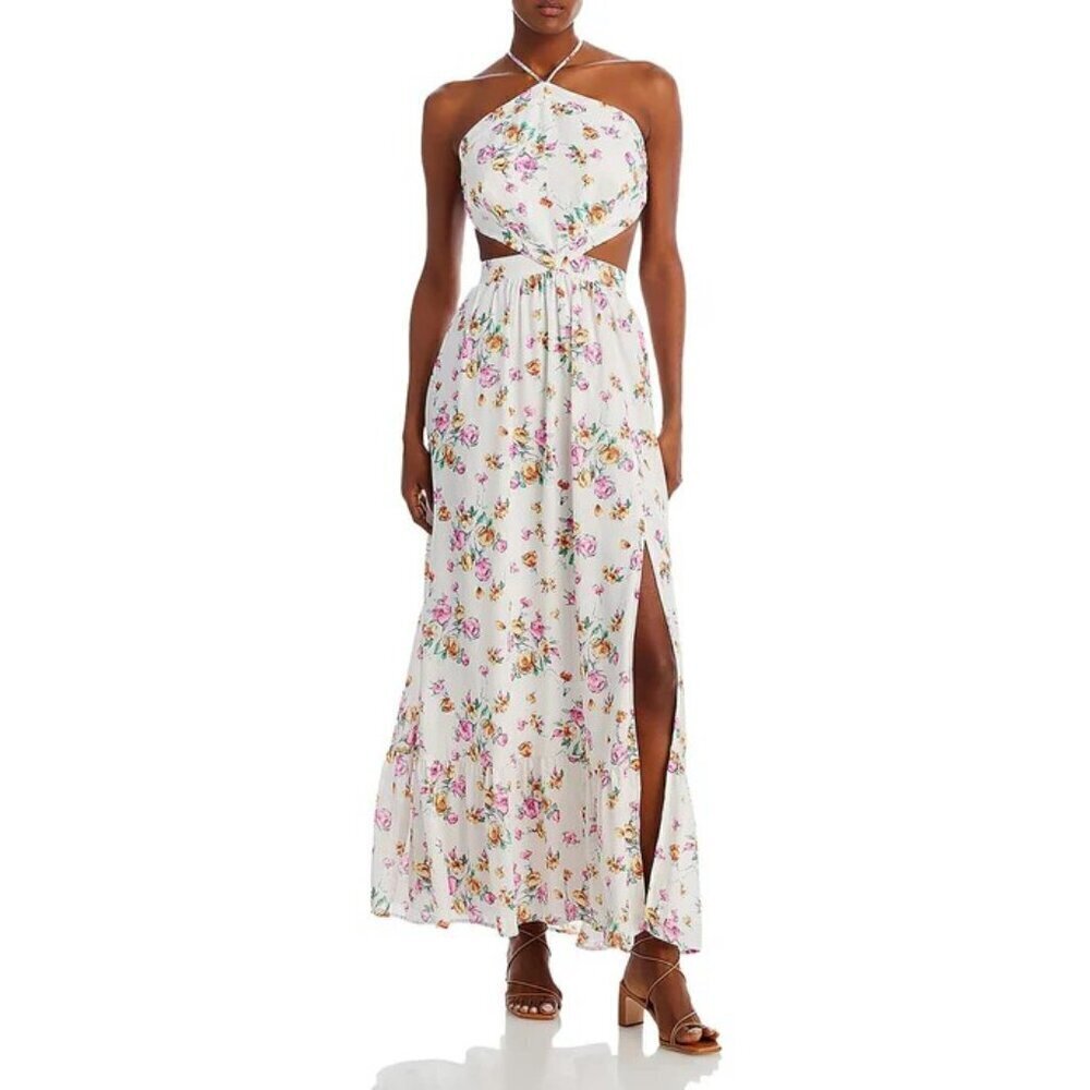 NWT WAYF Metallic Halter Maxi Dress Ivory Floral Size L